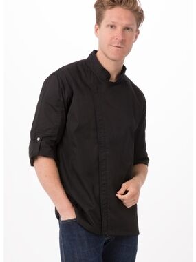 Lightweight Black Chef Shirt Jacket - Modern Stand Collar